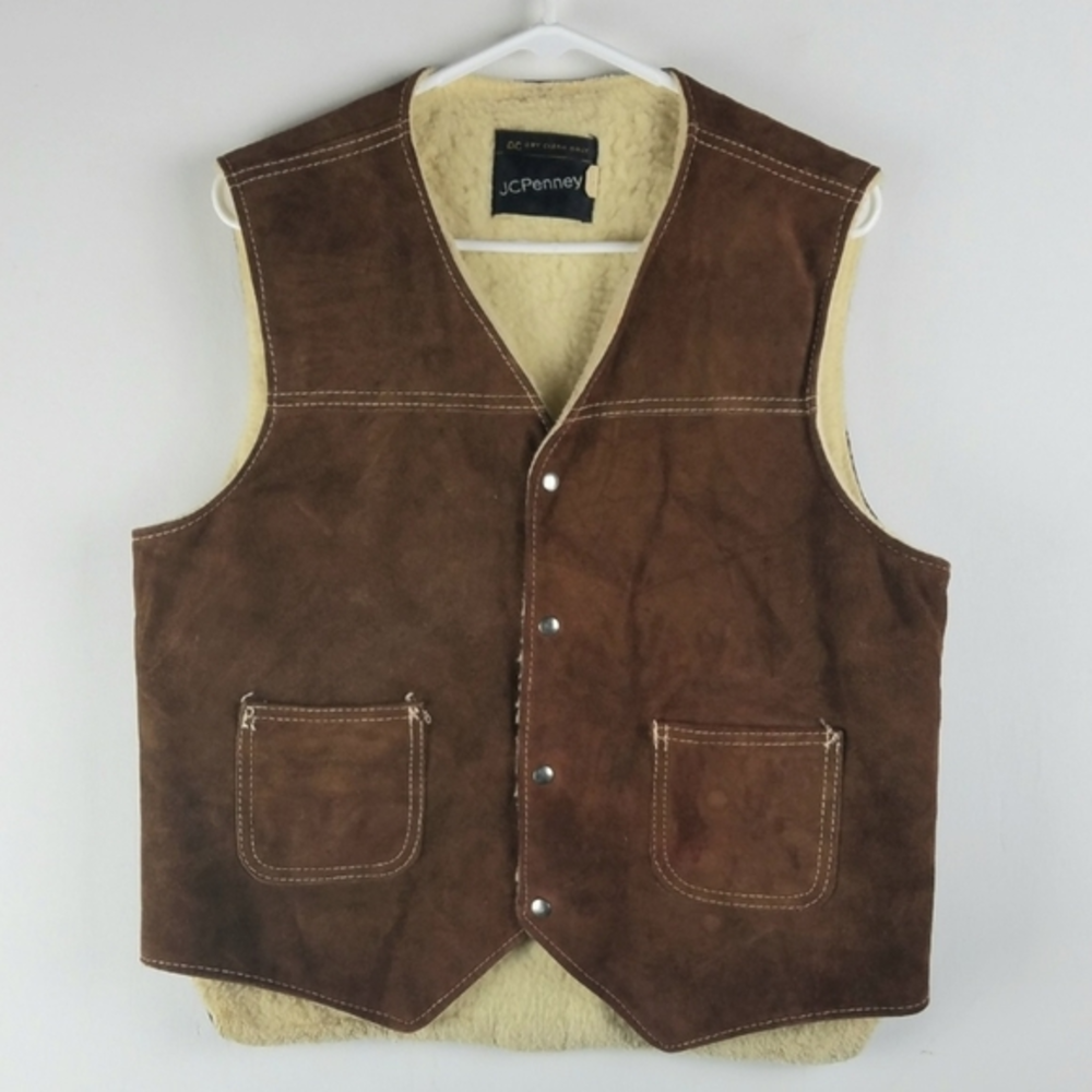 Vintage Suede Sherpa Vest Sz M Brown‎ Cream Coastal Cowboy Western Yellowstone